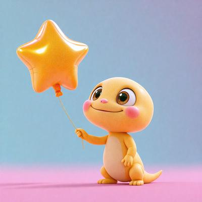 The primary subject of the image is a cartoon character, specifically a yellow dinosaur, holding a yellow star balloon. The setting is a blue background, which adds a contrasting color to the scene. The visual style is a digital art or illustration, as the character and balloon are depicted in a detailed and vibrant manner. The colors and mood of the image are cheerful and playful, as the yellow dinosaur and yellow star balloon create a sense of fun and lighthearted